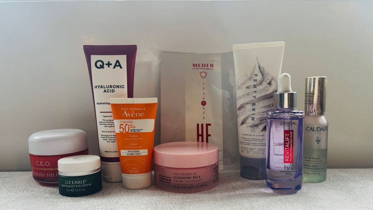 a selection of skincare products used for glass skin