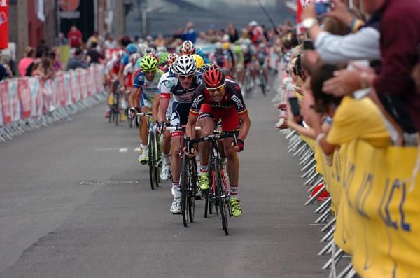 Cadel Evans (BMC) leads the peloton in pursuit of Cancellara, Sagan and Boasson Hagen.