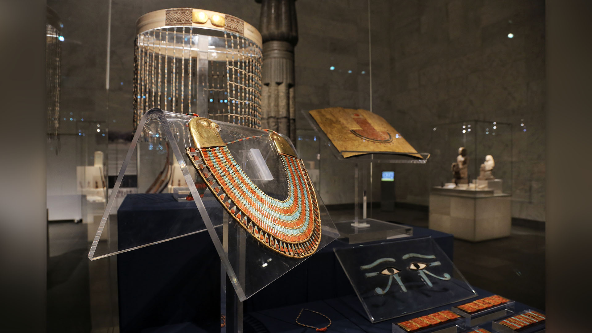 Ancient jewelery displayed at Egypt's new National Museum of Egyptian Civilisation.