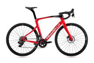 Image shows Pinarello X road bike in red and black colour scheme