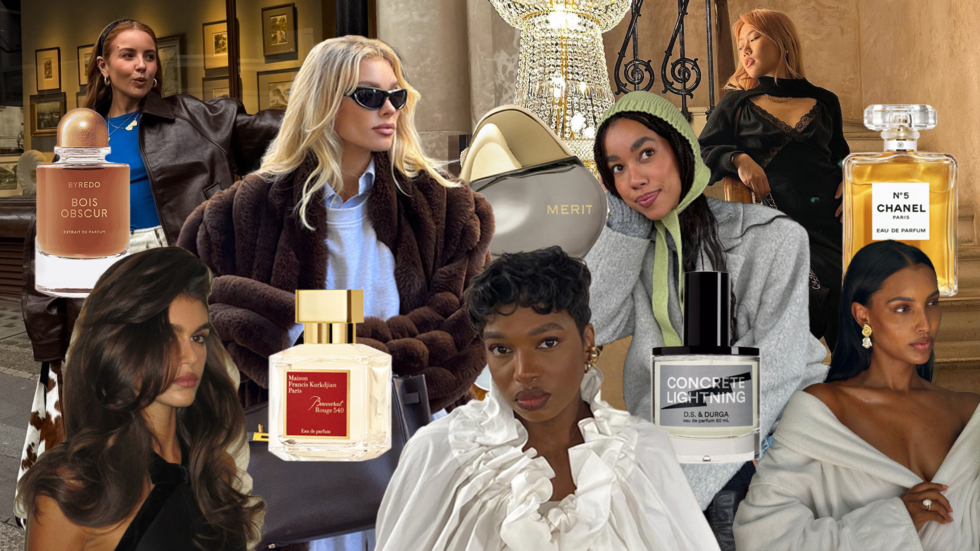 A collage with photos of influencers representing the different personality types, with fashion, beauty and interiors photos of @rebeccaferrazwyatt, @kaiagerber, @hoskelsa, @thevisuelofgrace, @amaka.hamelijnck, @andreacheong_, @jastookes, and perfume bottles of Byredo, Maison Francis Kurkdjian, Merit, D.S. &amp; Durga and Chanel
