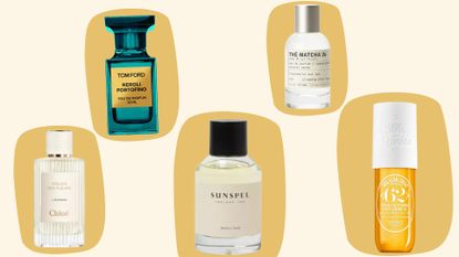 the best summer perfumes featured in this guide from Tom Ford, Le Labo, Sunspel, Chloe and Sol de Janeiro on a pale yellow background with mustard splodges