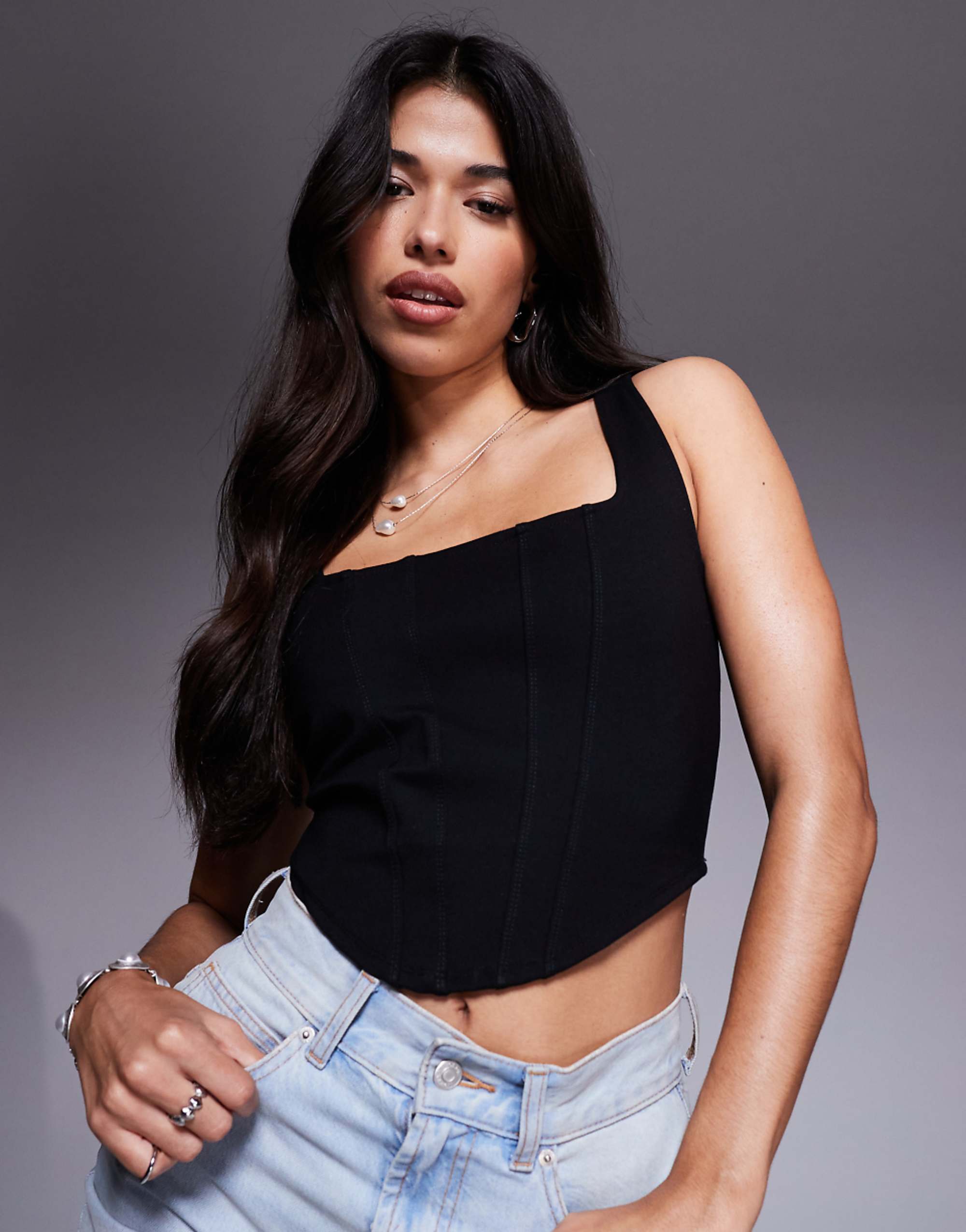River Island Corset Seam Detail Top in Black