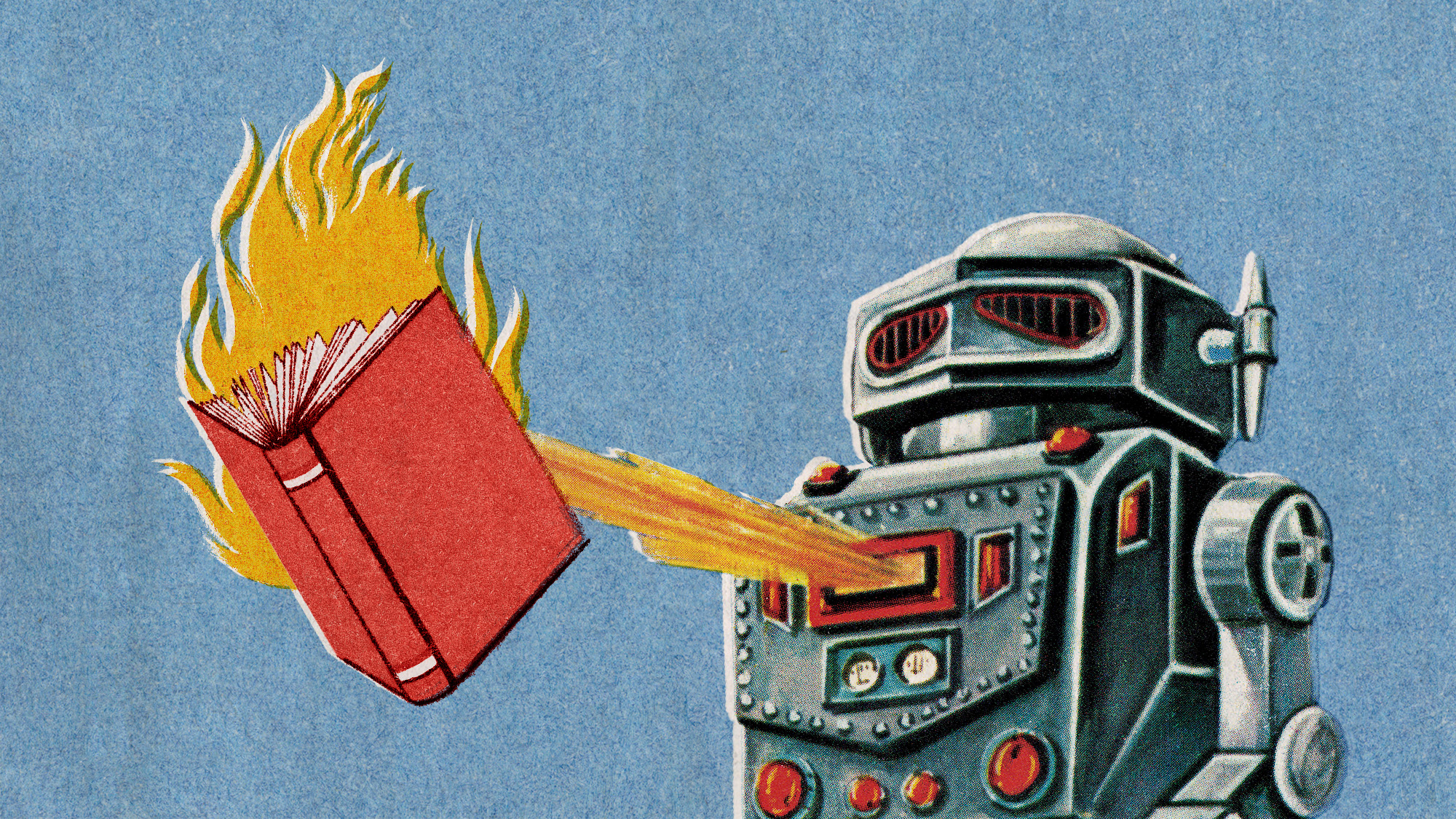 Illustrative collage of a robot burning a book with a laser beam shooting out of its chest