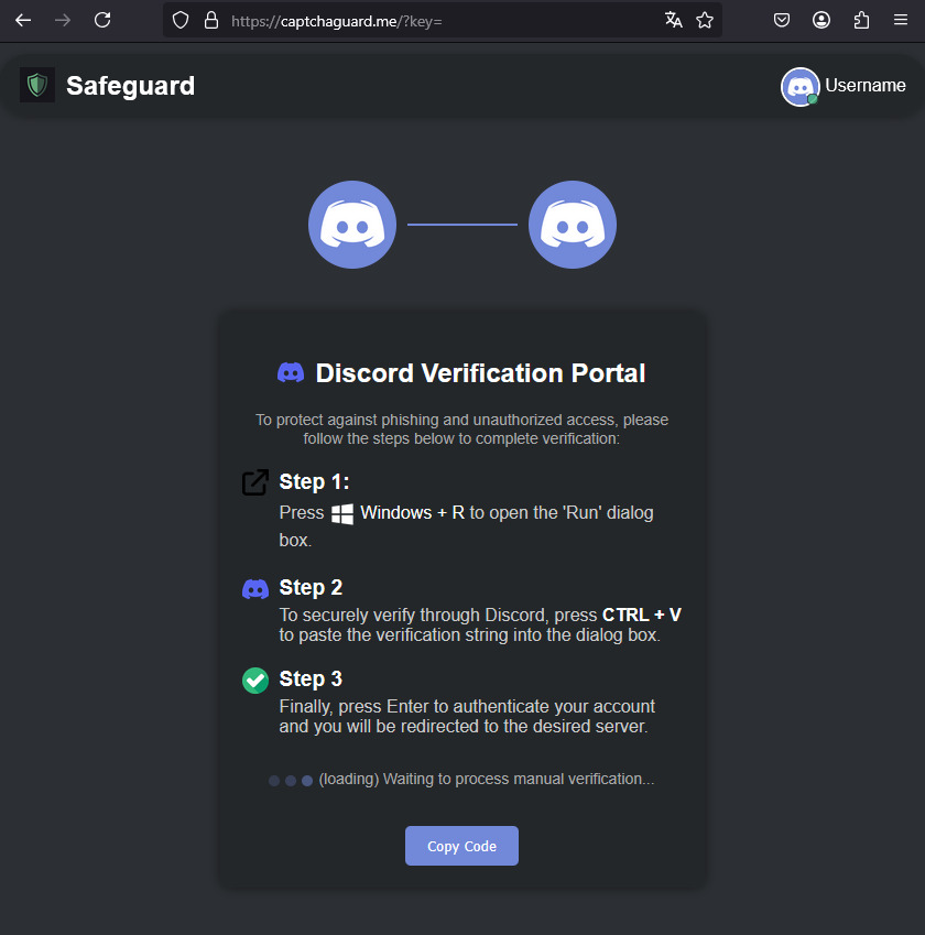 Fake Discord verification screen leading to phishing site