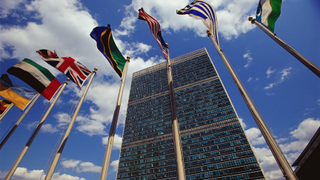 Flags outside the General Secretariat Building at the United Nations Headquarters.