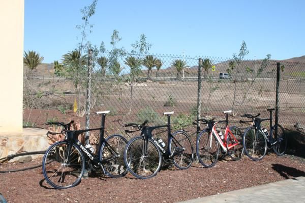The Saxo Bank time trial bikes lined up at the training camp in the Canary Islands.