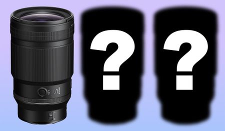 Nikon Z 35mm f/1.2 S next to two identical lens silhouettes with question marks on them on a blue to purple gradient 