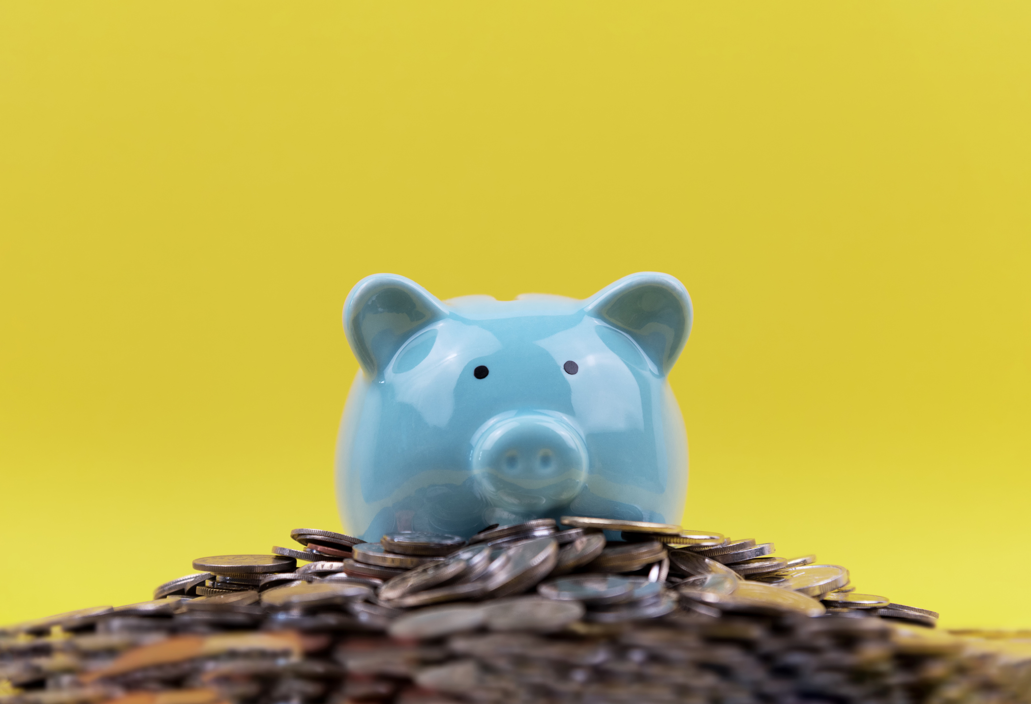 blue piggy bank with coins and a yellow background