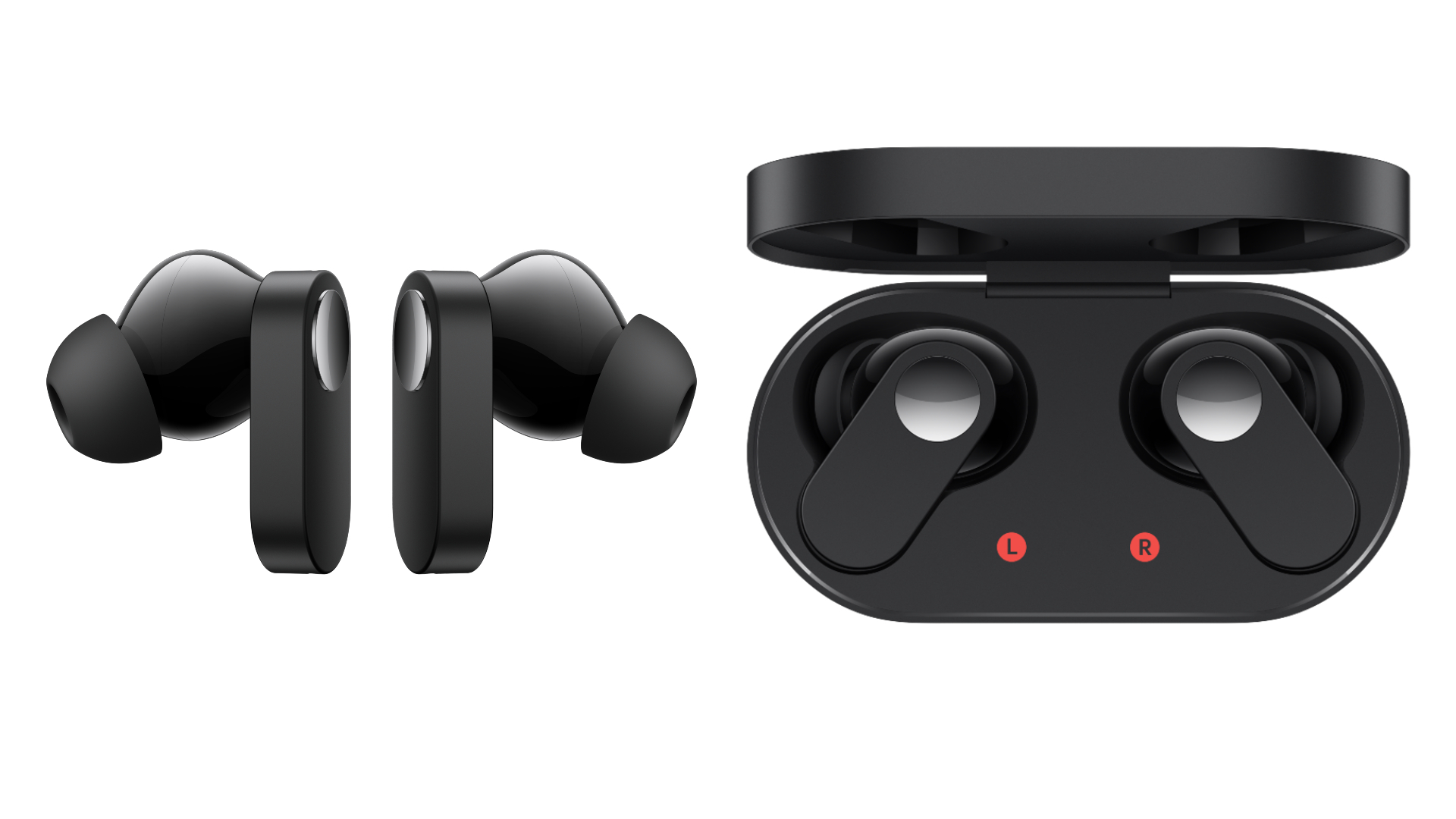 OnePlus Nord Buds - ét par ude af æsken og et par set oppefra i ladeetui