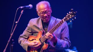 Ernest Ranglin performs at the Barbican Centre in London on June 27, 2016