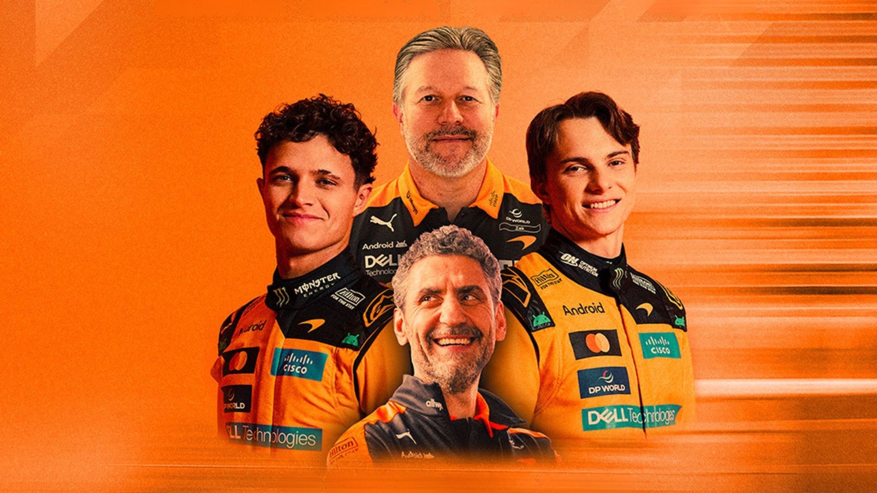 an image of the poster for McLaren in conversation, showing  Lando Norris, Oscar Piastri, Andrea Stella, and Zak Brown against an orange background
