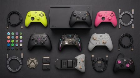 The Xbox Series X, Xbox Wireless Gaming Controller, Asus ROG Raikiri II Wireless, Turtle Beach Stealth Ultra, Scuf Valor Wireless, and PowerA Advantage Plus.