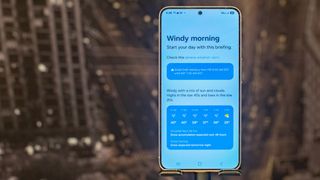 Samsung Galaxy S25 showing the Now Brief screen saying it will be a Windy morning