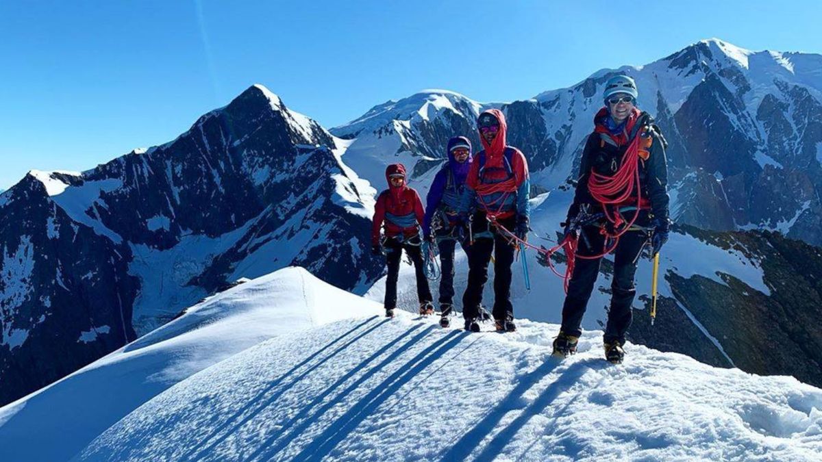 A photo from Rab&#039;s Facebook account of French climber Julia Virat leading a group across the Dômes de Miage 