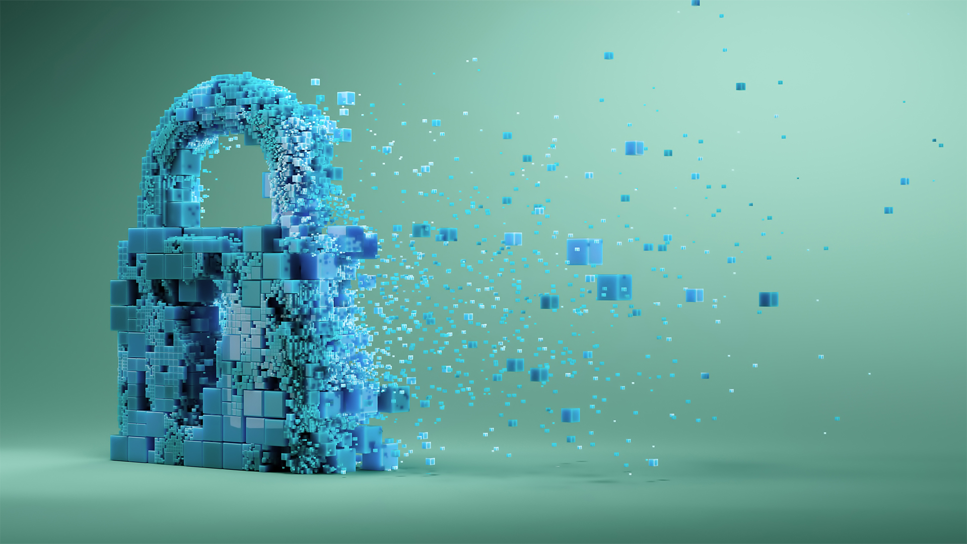 Software vulnerability concept image depicting a digitized padlock with pixels fragmenting and drifting away.