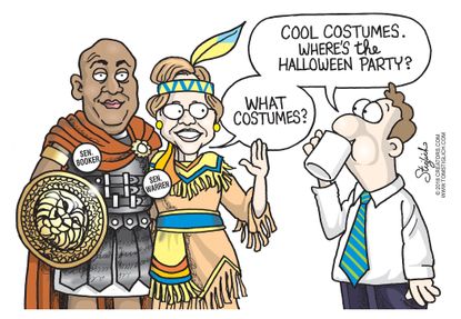 Political cartoon U.S. Cory Booker Spartacus Elizabeth Warren Native American Halloween costumes