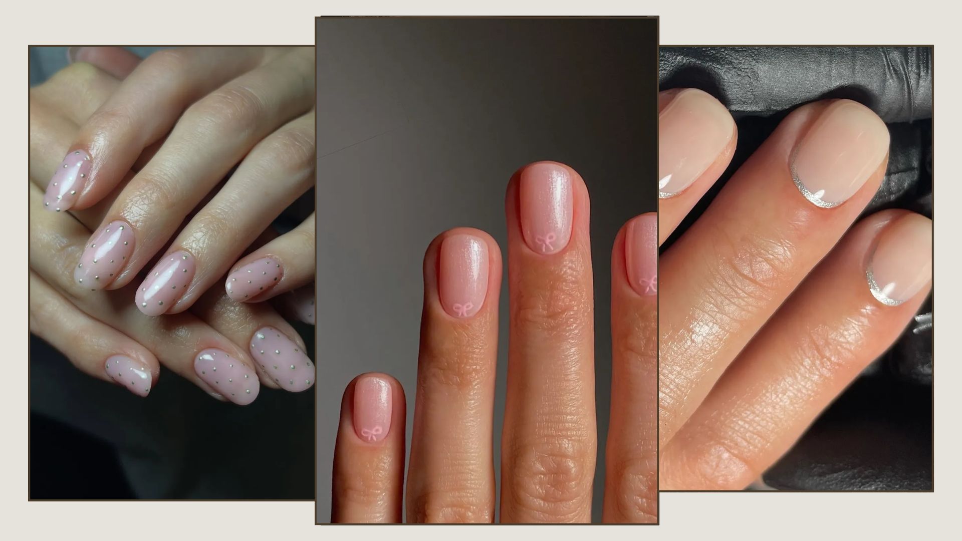 A collage of Christmas nail designs, including gold polka dots, baby pink bows and a reverse silver French tip manicure