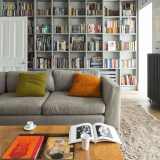Living room with grey painted bookcase and grey sofa
