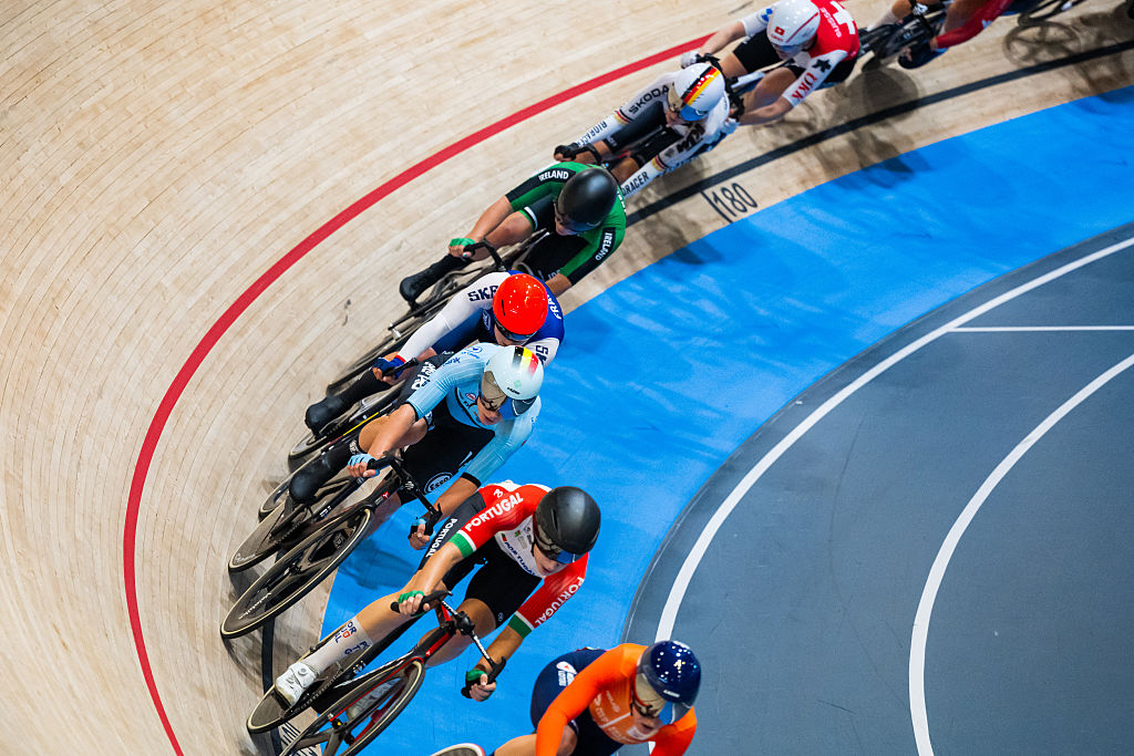 Belgium&#039;s Lotte Kopecky competes during the women&#039;s point race of the UCI Track Cycling World Championships in Ballerup, Denmark, on October 20, 2024. (Photo by JONATHAN NACKSTRAND / AFP)