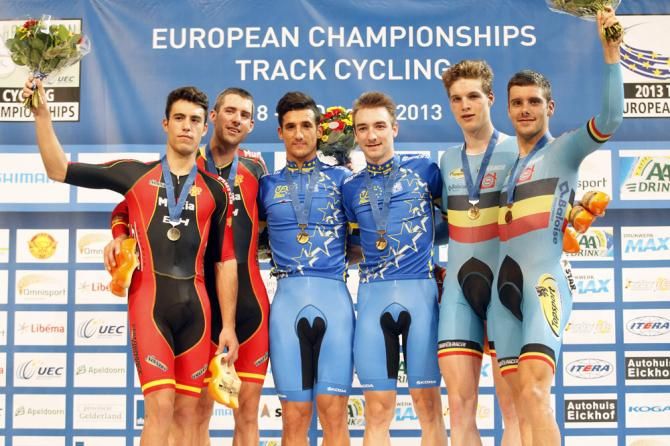 The podium for the men's Madison with Italy taking gold ahead of Spain and Belgium
