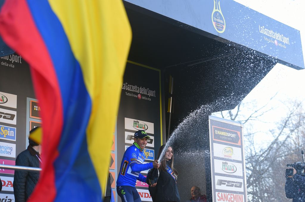 Race leader Nairo Quintana (Movistar) sprays the bubbles