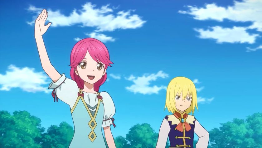 Tales of Graces f Remastered trailer screenshot showing a young girl with bright pink hair waving while standing beside a smiling blond-haired boy