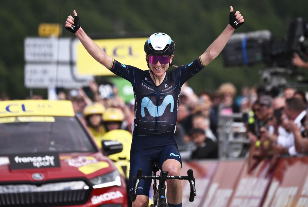 Movistar Teams Dutch rider Annemiek Van Vleuten celebrates as she cycles to the finish line to win the 7th stage of the new edition of the Womens Tour de France cycling race 1271 km between Sekestat and Le Markstein on July 30 2022 Photo by Jeff PACHOUD AFP Photo by JEFF PACHOUDAFP via Getty Images