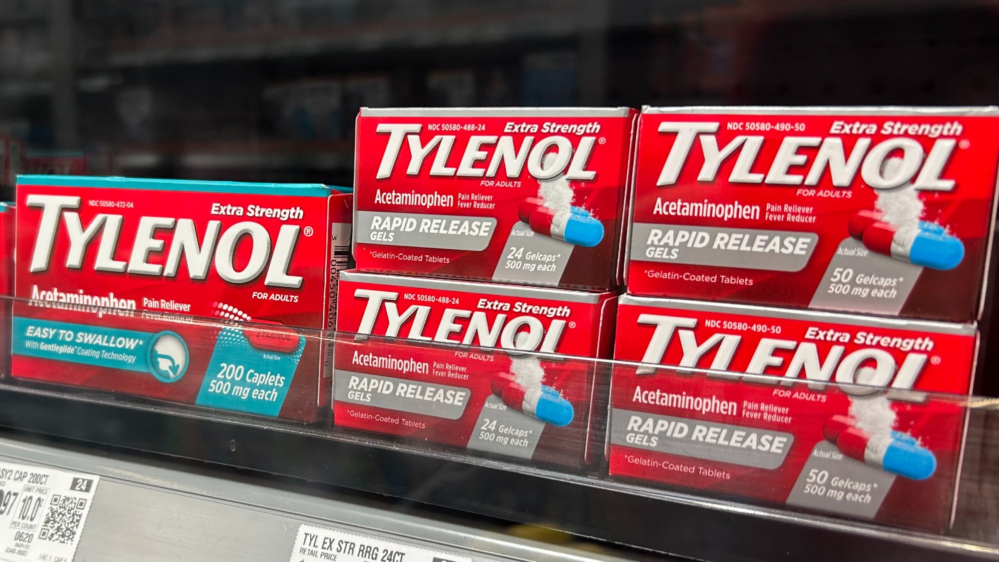 Packages of Tylenol are seen on a store shelf in Houston, Texas. 