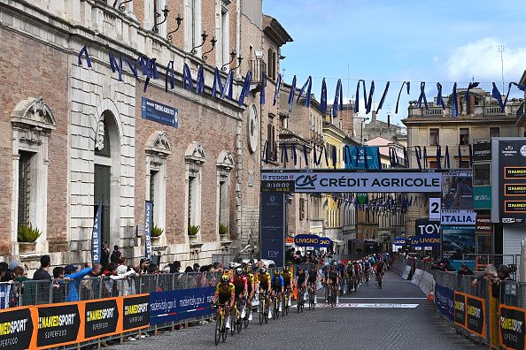 OSIMO ITALY MARCH 11 Primoz Roglic of Slovenia and Team Jumbo Visma Blue Leader Jersey with teammates lead the peloton passing through Osimo City while fans cheer during the 58th TirrenoAdriatico 2023 Stage 6 a 193km stage from Osimo Stazione to Osimo 252m UCIWT TirrenoAdriatico on March 11 2023 in Osimo Italy Photo by Tim de WaeleGetty Images