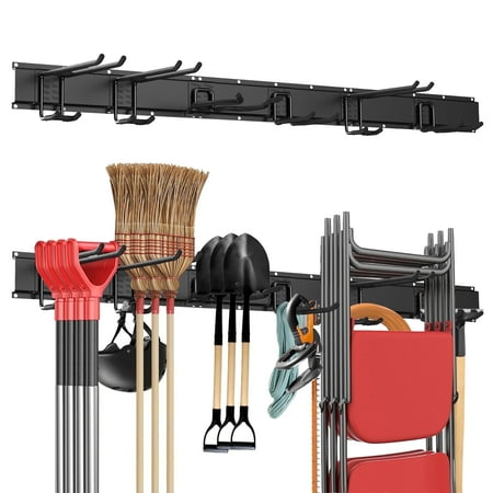 Riousery Garage Tool Organizer Wall Mount With 6 Versatile Hooks, Heavy Duty Metal Rack for Customizable Storage in Garage, Yard, and Garden