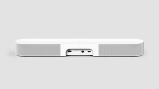 The back of the Sonos Beam Gen 2 soundbar in white showing the different ports