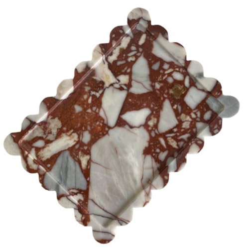 Saidkocc Natural Scalloped Marble Rectangular Tray, 10.8&quot;x8&quot;, Decorative for Bathroom, Kitchen, Dresser (calacatta Red)
