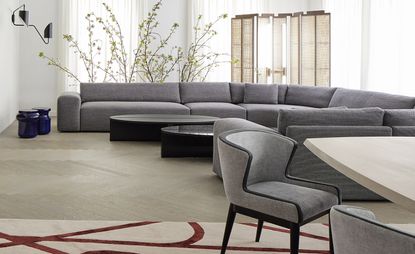 在宽敞的沙龙里有两个沙发，一个由Christophe Delcourt设计，另一个由Yabu Pushelberg设计
