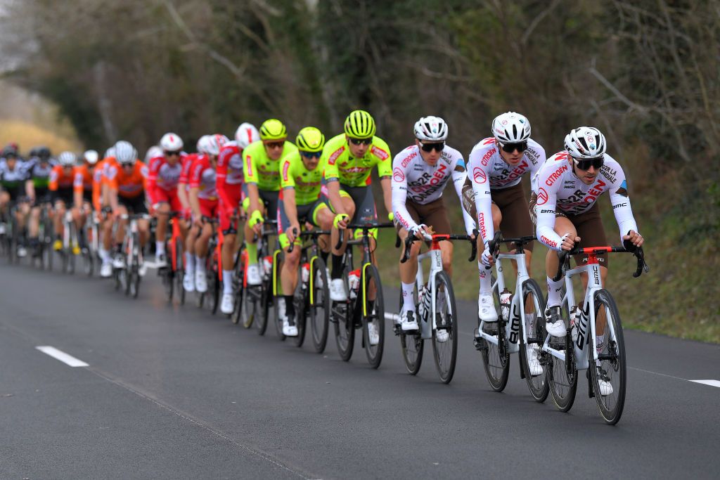 BELLEGARDE FRANCE FEBRUARY 03 Alexis Gougeard of France Lawrence Naesen of Belgium and AG2R Citroen Team during the 51st toile de Bessges Tour du Gard 2021 Stage 1 a 14355km stage from Bellegarde to Bellegarde 57m Peloton EDB2020 on February 03 2021 in Bellegarde France Photo by Luc ClaessenGetty Images