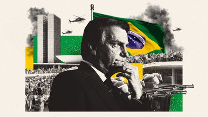 Photo composite illustration of Jair Bolsonaro, security forces, the Brazilian National Congress and January 8th rioters