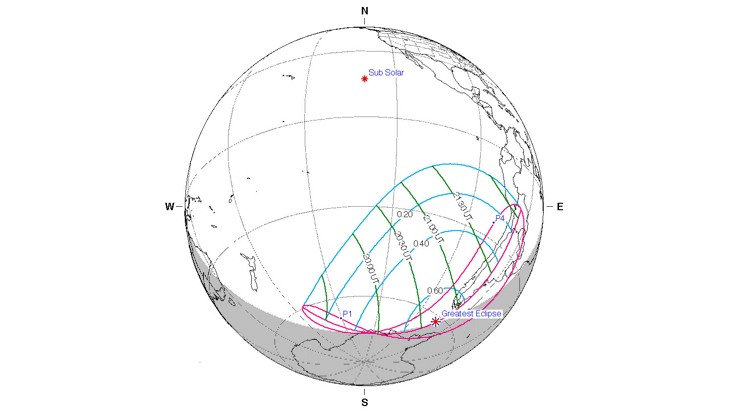 A map for the partial solar eclipse of April 30, 2022.