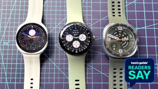 Close-up of the Samsung Galaxy Watch 9 next to the Google Pixel Watch 5 next to the Samsung Galaxy Watch Ultra 2