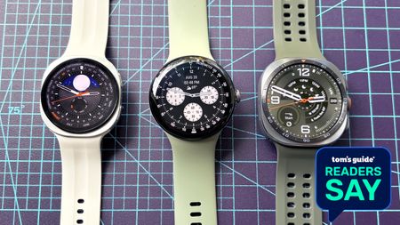 Close-up of the Samsung Galaxy Watch 9 next to the Google Pixel Watch 5 next to the Samsung Galaxy Watch Ultra 2