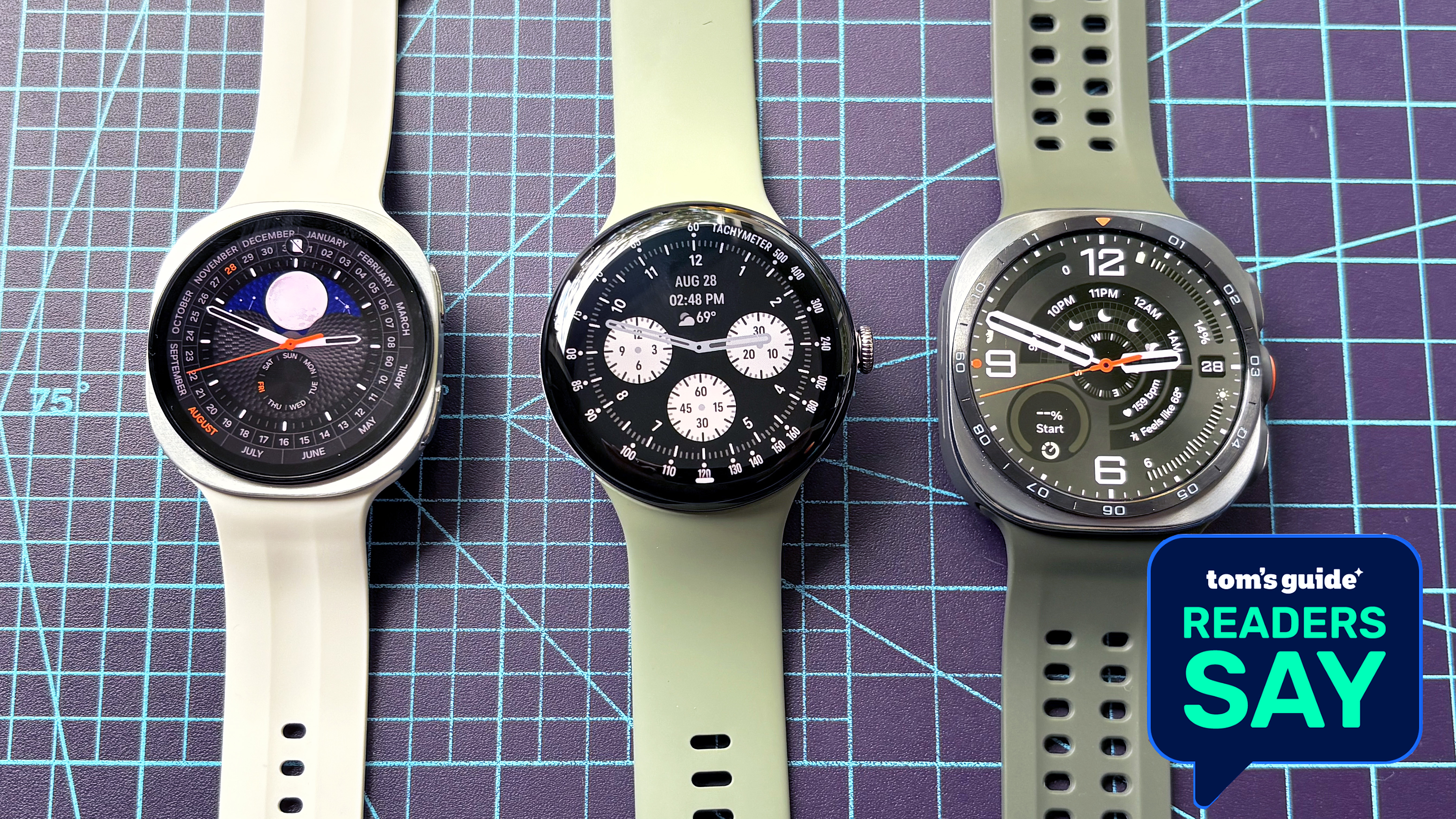 Close-up of the Samsung Galaxy Watch 9 next to the Google Pixel Watch 5 next to the Samsung Galaxy Watch Ultra 2