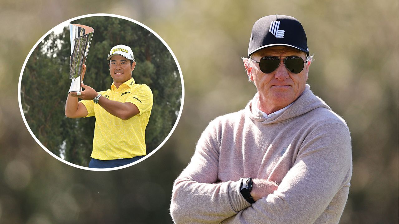 Greg Norman with an insert of Hideki Matsuyama holding the Genesis Invitational trophy