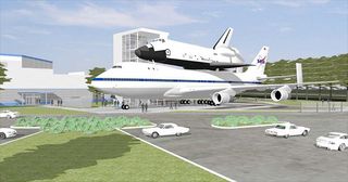Artist rendering of "The Shuttle and 747 Carrier" public attraction to open at Space Center Houston in 2015.