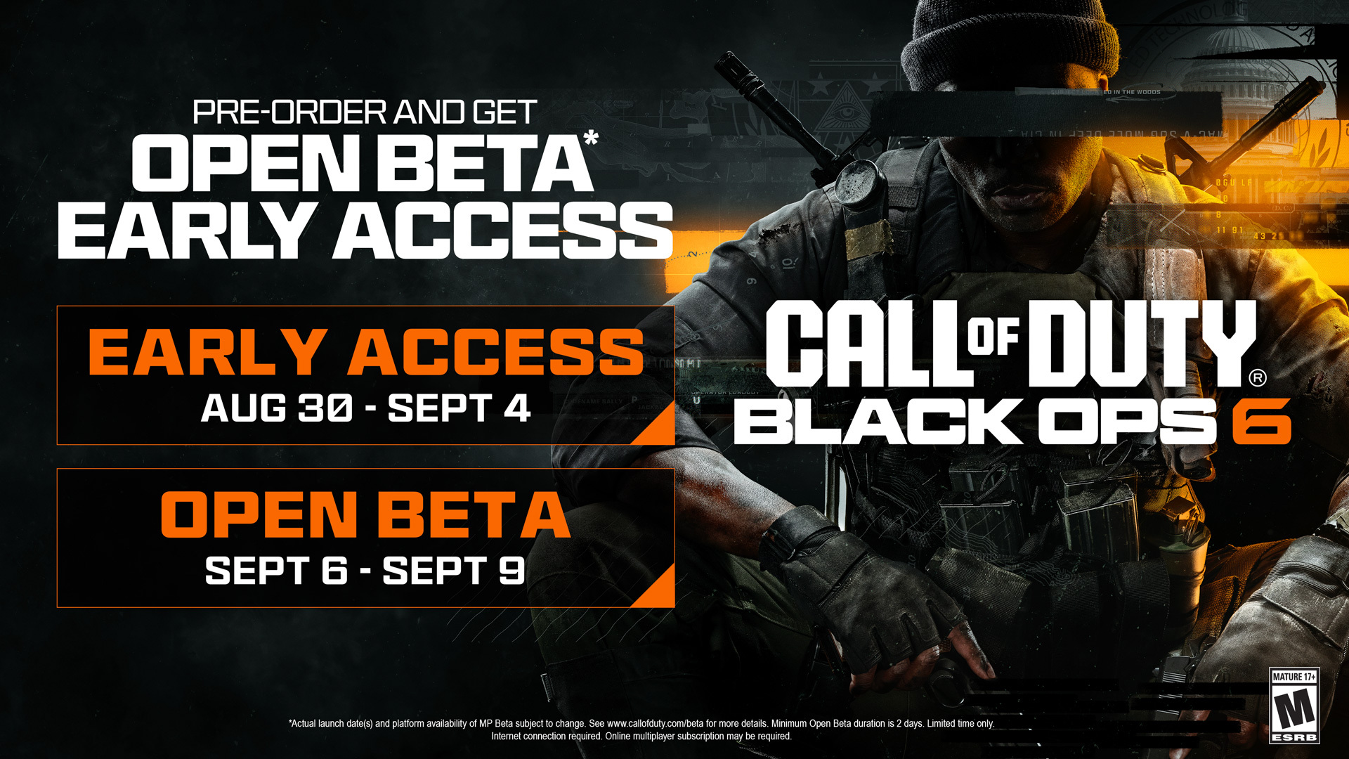 The schedule for Black Ops 6's beta period, as an infographic: "Early Access August 30 until September 4, Open Beta is September 6 until September 9"