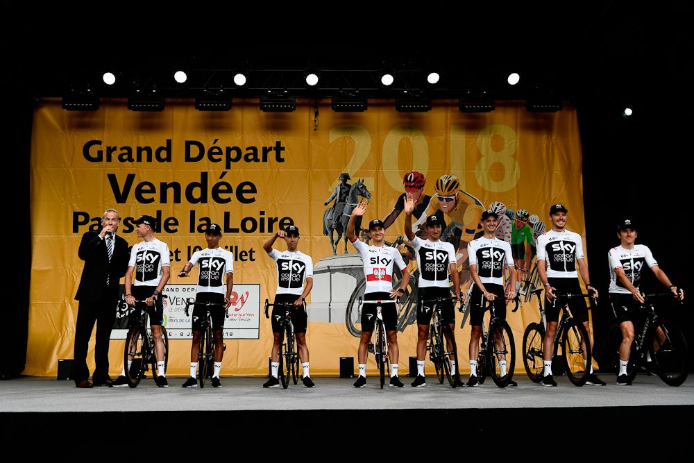 Team Sky on stage at the 2018 Tour de France team presentation