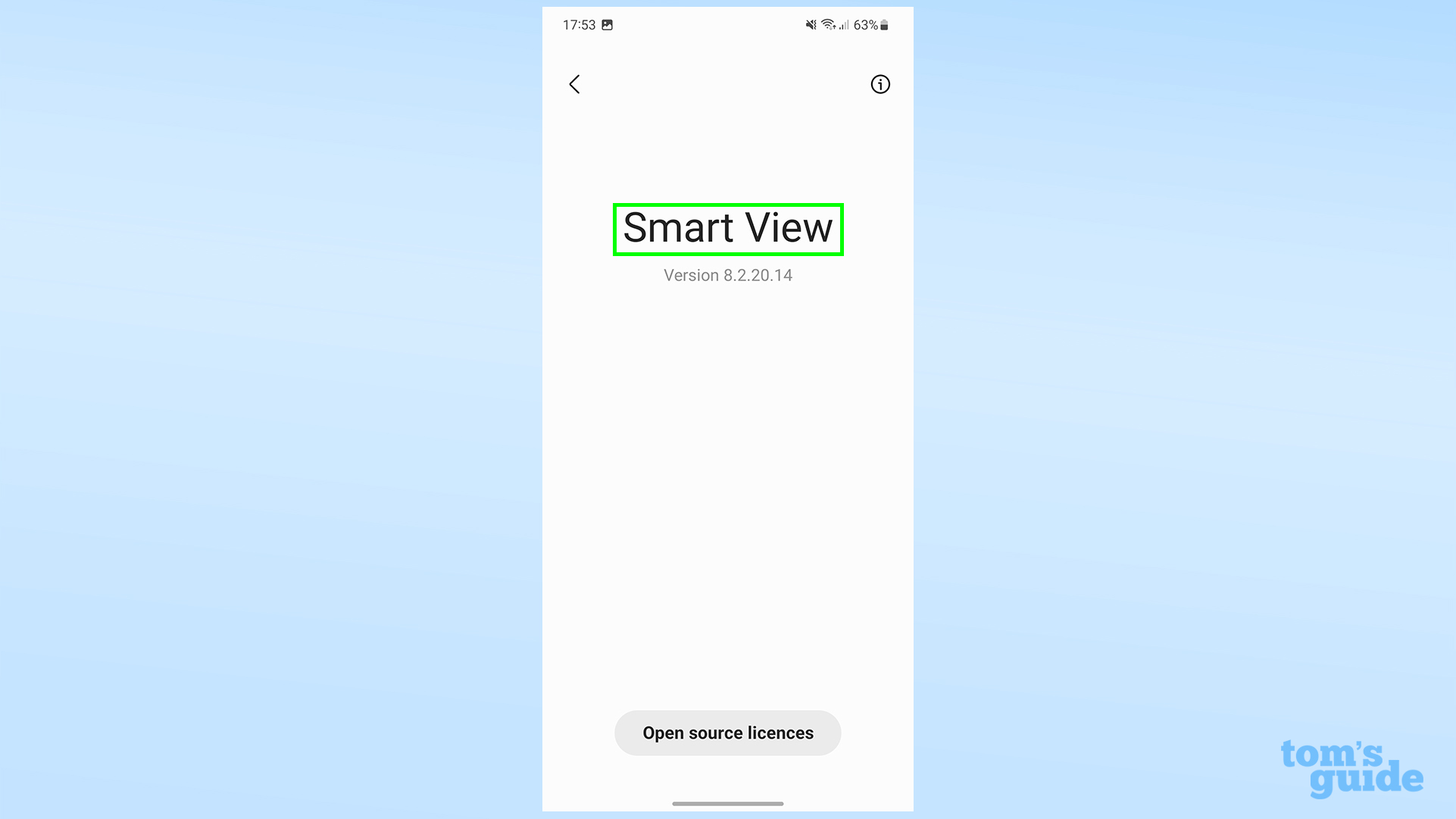 Снимок экрана, показывающий экран About Smart View на Galaxy S23