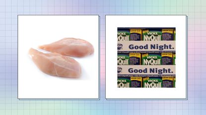 sleepy chicken tiktok trend, nyquil chicken tiktok trend raw chicken next to boxes of nyquil