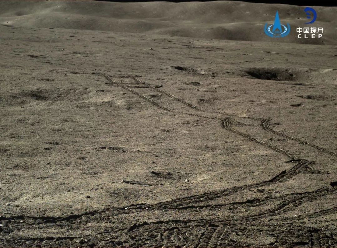 China&#039;s Yutu 2 rover leaves tracks on the far side of the moon. The rover and its Chang&#039;e-4 lander hit the one-year mark on the moon on Jan. 3, 2020. 