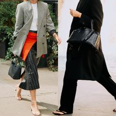 fashion collage with two rich-looking street style outfits with pieces like a blazer, a sweater around the waist, a pinstripe skirt, strappy white sandals, a black coat, black pants, a black croc bag, and black flat flip-flops
