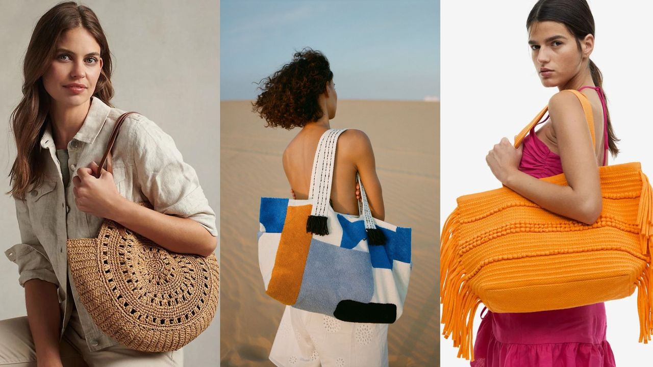 composite of three models holding the best beach bags 2023 from White Company, Zara, H&amp;M