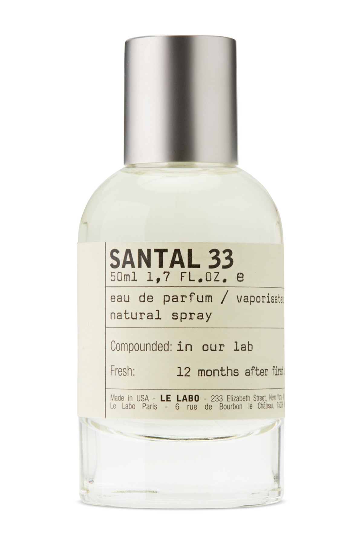 A bottle of Le Labo Santal 33 perfume against a white background.